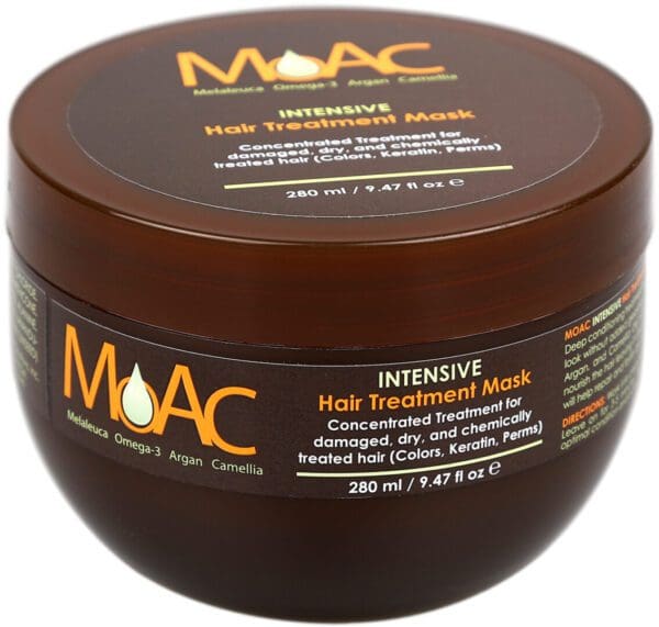 A tub of moac intensive hair treatment mask.