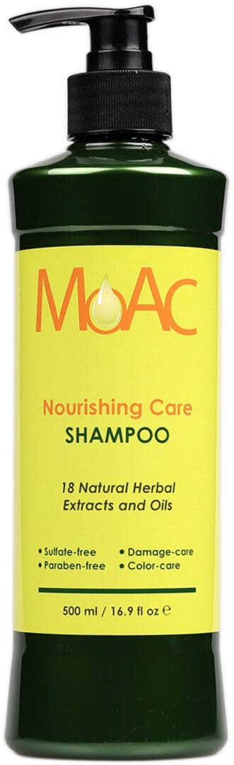 A bottle of shampoo with the words moac nourishing care on it.